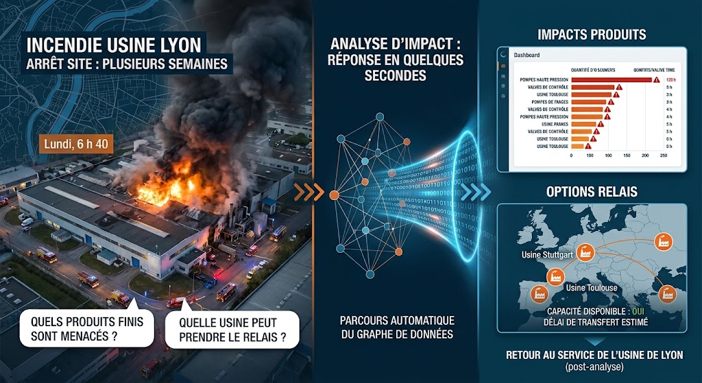 Analyse d'impact après l'incendie de l'usine de Lyon : le graphe liste les produits touchés et les usines capables de prendre le relais