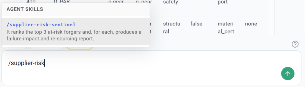 Interface de commande slash de l'assistant IA montrant le skill d'agent sentinelle de risque fournisseur, qui classe les 3 forgerons les plus à risque avec un rapport d'impact de défaillance et de re-sourcing